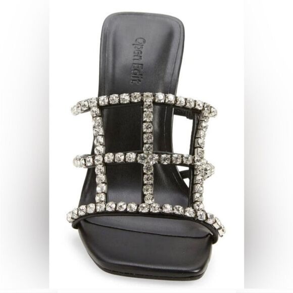 New Open Edit Daphne Sandal (Women) black kitten mule high heel crystal silver - Picture 4 of 7